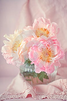 Beautiful composition with a pink peonies .