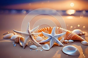 Beautiful composition of shells starfish and pebbles lying on the sand on the seashore