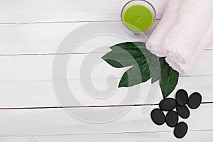 Beautiful composition of spa treatment on wooden table