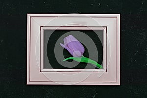 Beautiful composition with spring flowers. Photo frame, violet tulip on black background