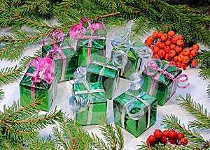 Beautiful composition of a variety of New Year`s wrapping gifts