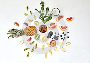 Beautiful composition of various fruits on a white background