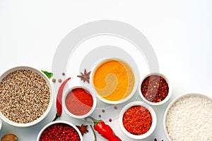 Beautiful composition with various spices on white background