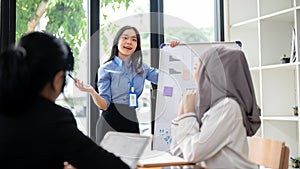 A confident Asian businesswoman is presenting data on the board to her team in the meeting photo