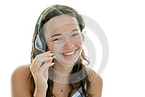 Beautiful consultant girl of call center woman in headphones on white background