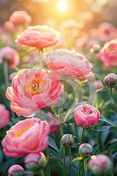Beautiful Coral Charm peony flowers blooming in the garden. Natural summer flower background.