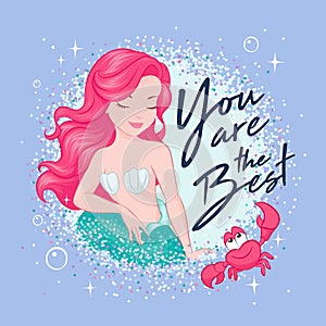 Beautiful coral hair mermaid on a trend, lilac background. Cute Mermaid in glitter frame, for t shirts or kids fashion artworks or