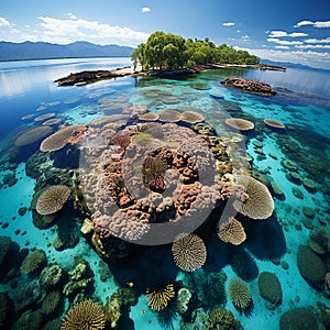 A beautiful coral reef, the water is crystal clear, in the distance is an island
