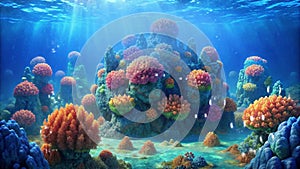 beautiful coral rocks in the sea with water bubbles and sunlight entering the water