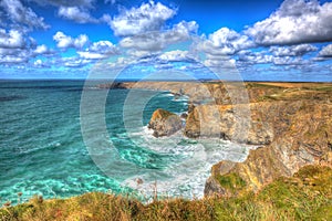 Beautiful Cornish coast Bedruthan Steps Cornwall England UK Cornish north coast near Newquay in stunning colourful HDR