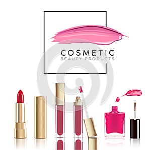 Beautiful cosmetic set in gold. lipstick, lip gloss and nail polish with smear. Makeup realistic cosmetic vector