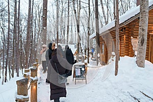 Beautiful Cottage in the forest at Furano Ningle Terrace with Snow in winter season. landmark and popular for attractions in
