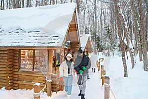 Beautiful Cottage in the forest at Furano Ningle Terrace with Snow in winter season. landmark and popular for attractions in