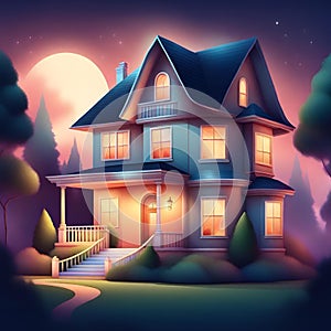 A beautiful cottage house with blue roof and moon in the background Generative AI
