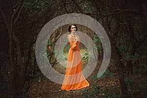 The beautiful countess in a long orange dress photo