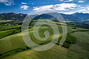 Beautiful country landscape with green, yellow fields and Low Tatras mountains at backgorund. Slovakia