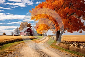 A beautiful country road with a vibrant red barn standing tall against the backdrop of nature., A rural autumn scene showcasing