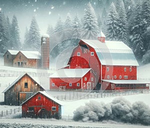 Beautiful Country Snowfall Scene Red Barn Farming Landscape Winter Canada AI Generate