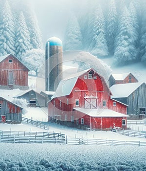 Beautiful Country Snowfall Scene Red Barn Farming Landscape Winter Canada AI Generate