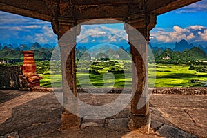 Beautiful countryside of Guilin, rice farms and Karst mountains, China