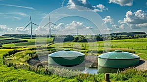 A beautiful countryside landscape dotted with wind turbines and biogas digesters showcasing the successful integration
