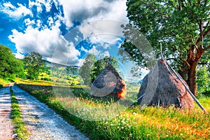 Beautiful countryside landscape with forested hills and haystacks on a grassy rural field in mountains