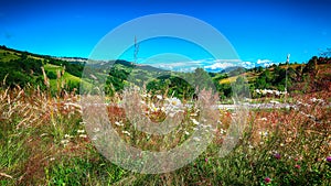 Beautiful countryside landscape with forested hills and haystacks on a grassy rural field in mountains