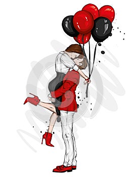Beautiful couple with balloons in the shape of hearts. A girl in a dress and high-heeled shoes and a man in a coat and trousers.