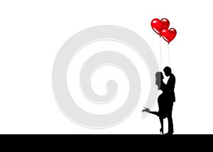 Beautiful couple with balloons in the shape of red hearts. Valentine\'s Day love and relationships. Vector illustration