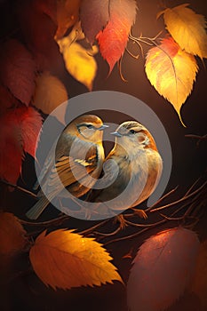 Beautiful Couple of birds in the autumn season with leaves AI Generated