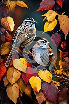 Beautiful Couple of birds in the autumn season with leaves AI Generated