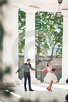 Beautiful couple, bride and groom posing near big white column