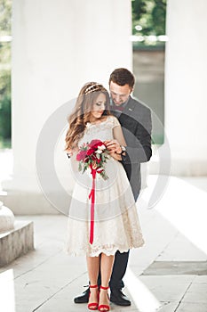 Beautiful couple, bride and groom posing near big white column