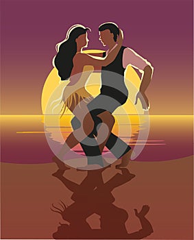 Beautiful couple dancing on the beach Latin salsa dance. photo