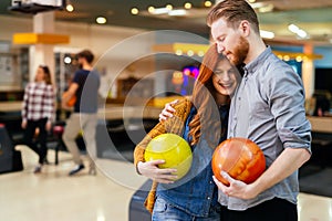 Beautiful couple dating and bowling