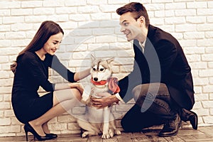 Beautiful Couple With Dog On Valentine`s Day.