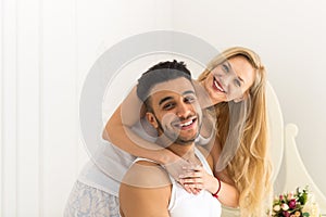 Beautiful Couple Embrace Laughing Happy Smile Young Hispanic Man And Woman In Love