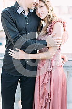 Beautiful couple hugging in Venice, Italy - Lovers on a romantic date and having fun in Venice