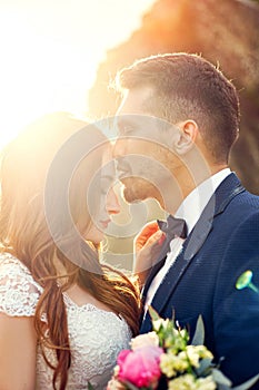 Beautiful couple in love kissing in close-up. Wedding couple kissing at sunset and waves of love and tender feelings. Couple in