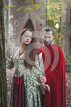 Beautiful couple man and woman in medieval costume