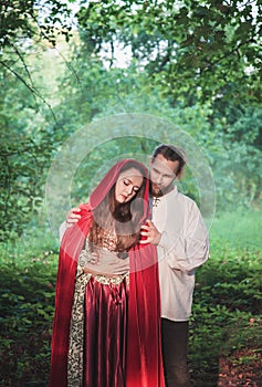 Beautiful couple man and woman in medieval costume