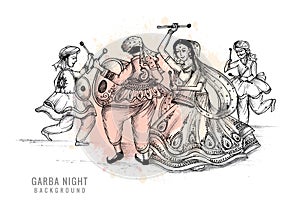 Beautiful couple playing dandiya in disco garba night sketch background
