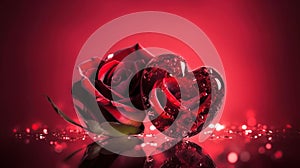 Beautiful Couple Of Red Roses In Heart Shape With Red Passion Background, generative ai