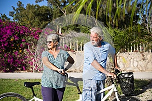 Beautiful couple of senior and mature married, riding a doble bike, tandem, together to have fun with a great and sunny day -