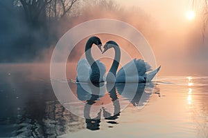 beautiful couple white swan birds swimming together in the lake at foggy sunset or sunrise