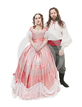 Beautiful couple woman and man in medieval clothes isolated