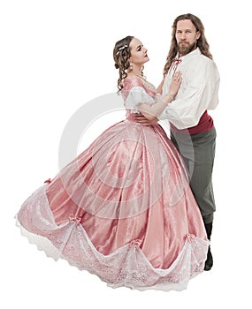 Beautiful couple woman and man in medieval clothes isolated