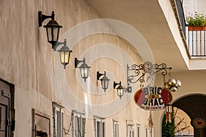 Beautiful courtyard in Prague with five retro streetlamps