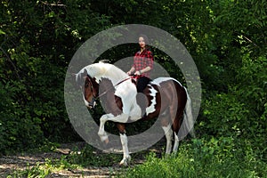 Beautiful cowgirl bareback ride her horse in woods glade. Equine, people