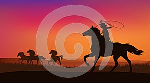 Cowgirl and mustang horses herd vector scene photo